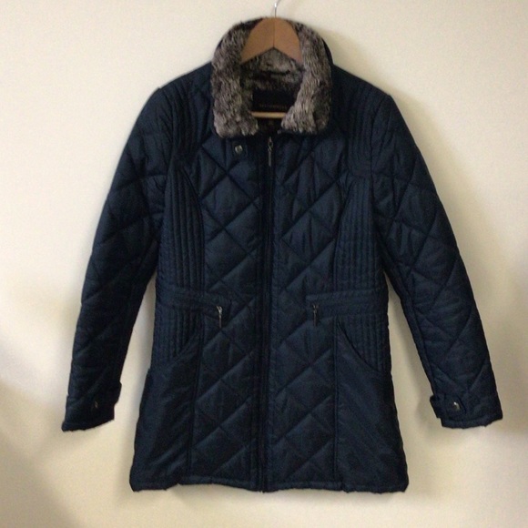 Weatherproof EUC blue/black poly fill long jacket, faux fur lining. - Picture 3 of 16